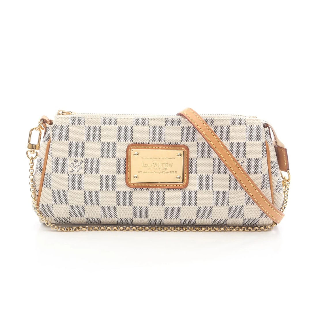 LOUIS VUITTON EVA DAMIER AZUR CHAIN HANDBAG PVC HANDBAG: LOUIS VUITTON Eva Damier Azur Chain Handbag PVC Handbag Brand: LOUIS VUITTON Type: Handbag Material: Exterior MaterialPVC Leather Color: Exterior Color White Size: Dimensions: WWidth (top): 21cm /