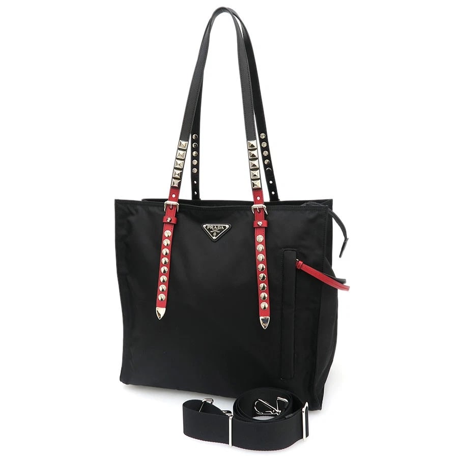 PRADA NYLON 2WAY TOTE BLACK STUDS GOLD HARDWARE TOTE BAG: Prada Nylon 2Way Tote Black Studs Gold Hardware Tote Bag Brand: Prada Type: Tote Bag Material: Exterior MaterialNone Color: Exterior Color Black Size: Dimensions: WW:34cm × HH:31.5cm × DD:14cm c