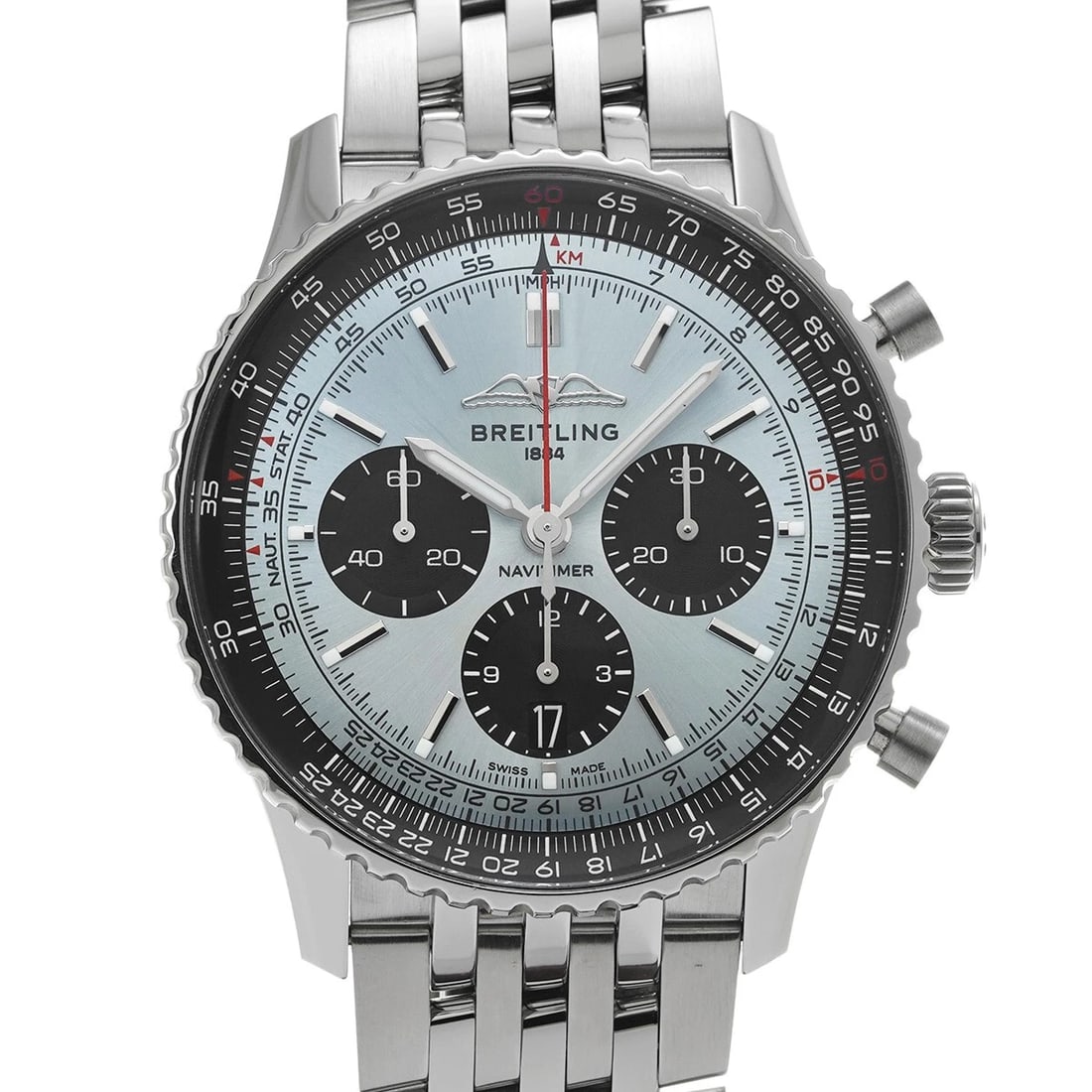 BREITLING NAVITIMER CHRONO ICE BLUE/BLACK WATCH: BREITLING Navitimer Chrono Ice blue/black WATCH Brand: BREITLING Type: Wristwatch Material: Band Material Stainless steel, Case Material Stainless steel Color: Dial Color Ice blue Size: Case H/abo