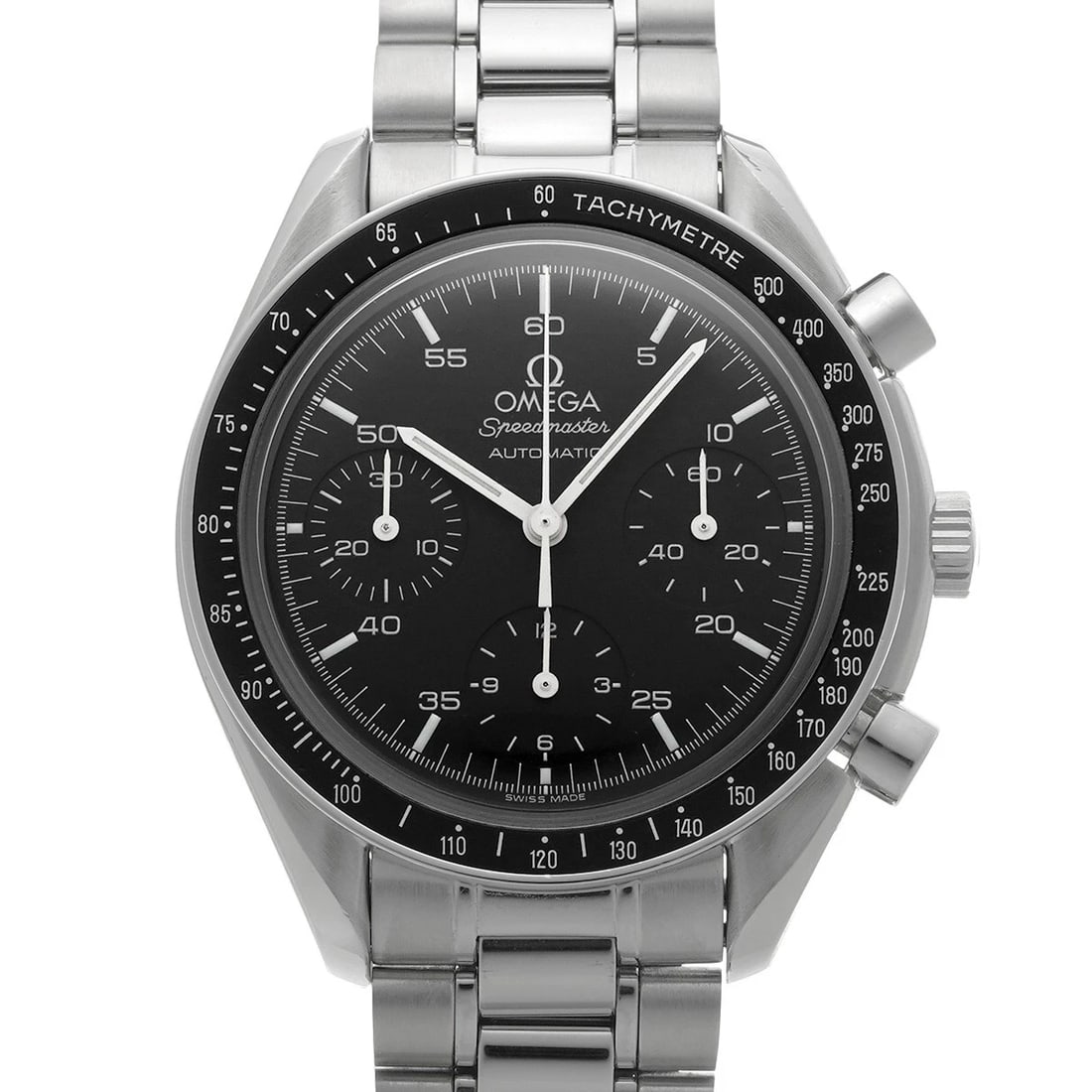 OMEGA SPEEDMASTER BLACK WATCH: OMEGA Speedmaster black WATCH Brand: OMEGA Type: Wristwatch Material: Band Material Stainless steel, Case Material Stainless steel Color: Dial Color black Size: Case H/about 39mm W/about 39mm D/ab