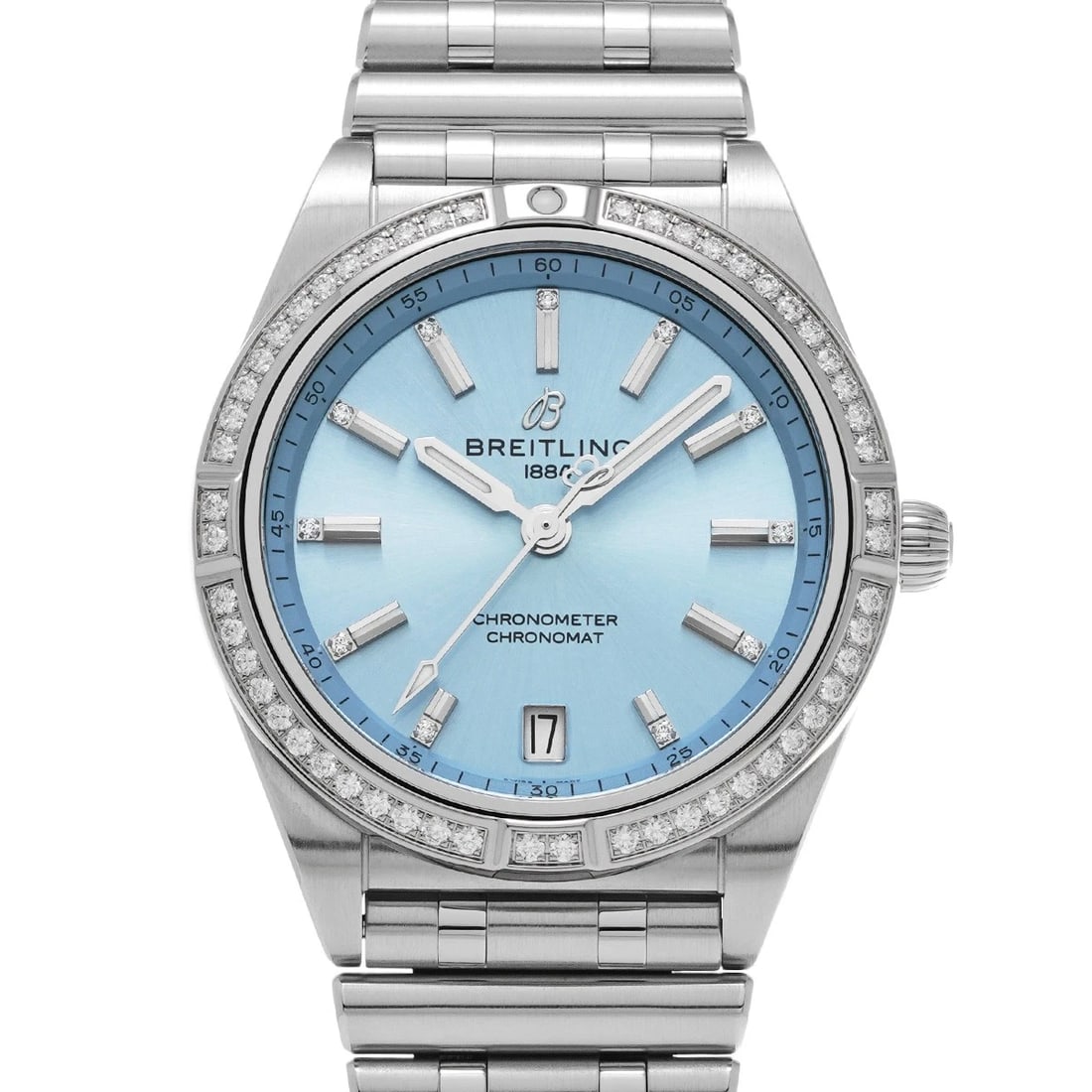 BREITLING CHRONOMAT LIGHT BLUE WATCH: BREITLING Chronomat Light blue WATCH Brand: BREITLING Type: Wristwatch Material: Band Material Stainless steel, Case Material Stainless steel Color: Dial Color Light blue Size: Case H/about 36mm W