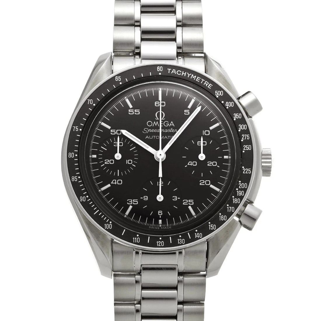 OMEGA SPEEDMASTER BLACK WATCH: OMEGA Speedmaster black WATCH Brand: OMEGA Type: Wristwatch Material: Band Material Stainless steel, Case Material Stainless steel Color: Dial Color black Size: Case H/about 39mm W/about 39mm D/ab