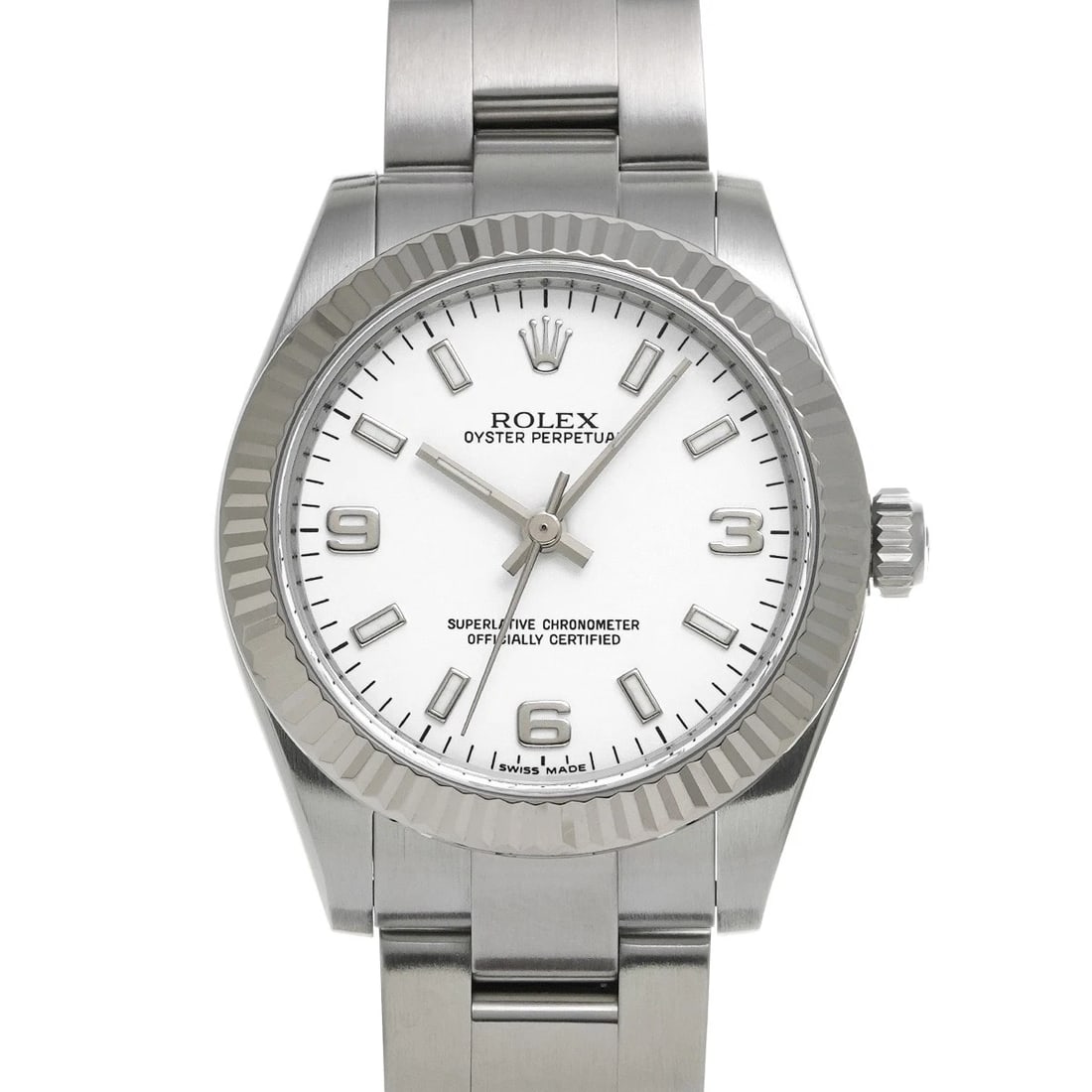 ROLEX OYSTER PERPETUAL WHITE WATCH: ROLEX Oyster Perpetual white WATCH Brand: ROLEX Type: Wristwatch Material: Band Material Stainless steel, Case Material Stainless steel Color: Dial Color white Size: Case H/about 31mm W/about 31mm