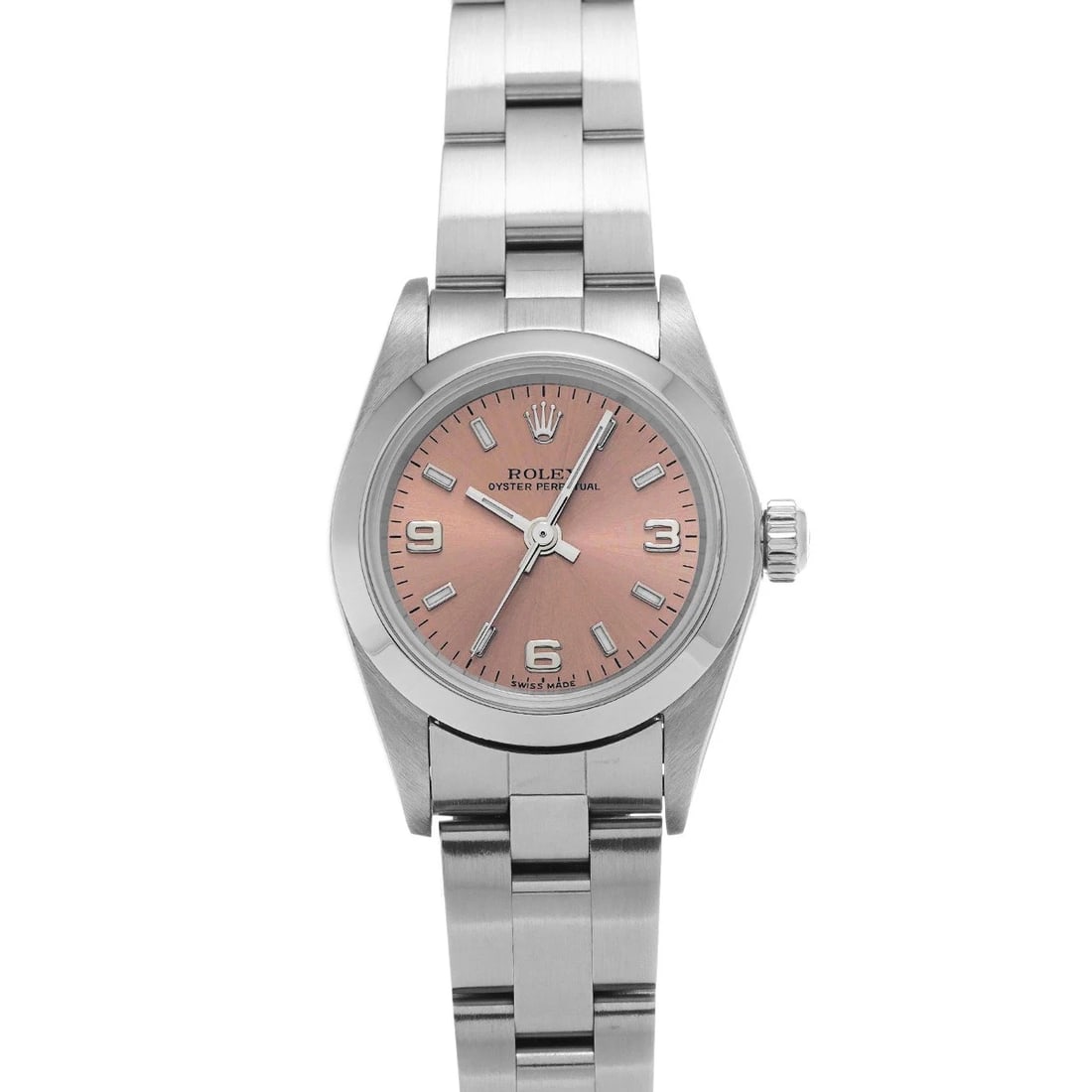 ROLEX OYSTER PERPETUAL PINK WATCH: ROLEX Oyster Perpetual pink WATCH Brand: ROLEX Type: Wristwatch Material: Band Material Stainless steel, Case Material Stainless steel Color: Dial Color pink Size: Case H/about 24mm W/about