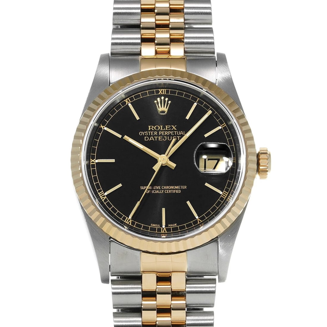 ROLEX DATEJUST BLACK WATCH: ROLEX Datejust black WATCH Brand: ROLEX Type: Wristwatch Material: Band Material Stainless steel/Yellow Gold, Case Material Stainless steel Color: Dial Color black Size: Case H/about 36mm W/about