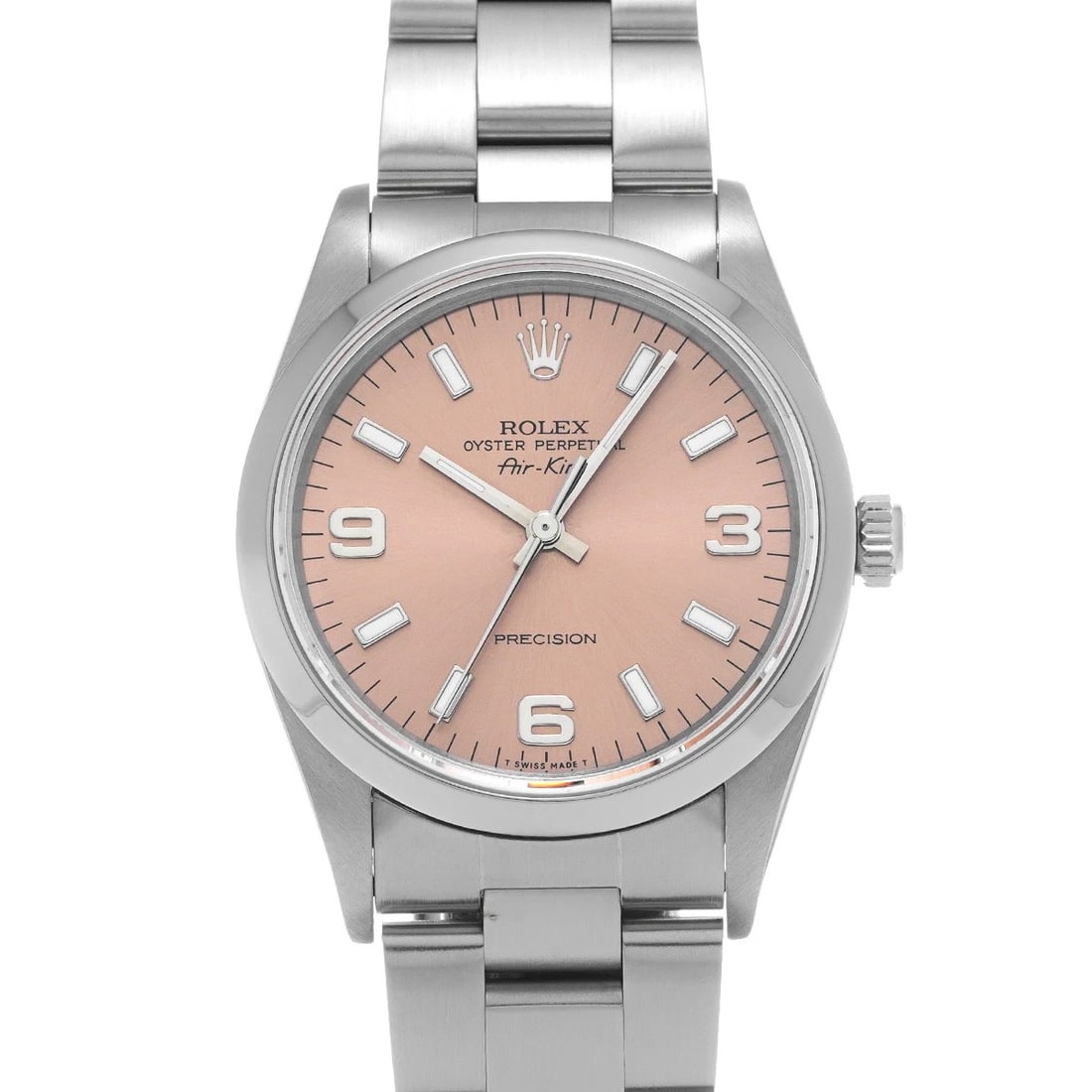 ROLEX AIR KING PINK WATCH: ROLEX Air King pink WATCH Brand: ROLEX Type: Wristwatch Material: Band Material Stainless steel, Case Material Stainless steel Color: Dial Color pink Size: Case H/about 34mm W/about 34mm D/about 1