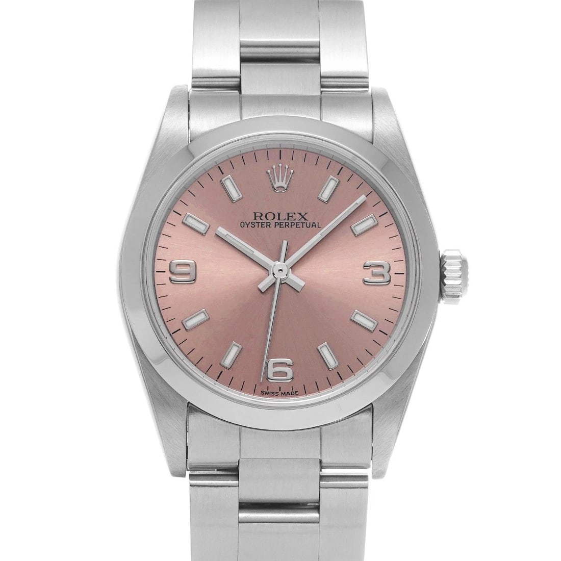 ROLEX OYSTER PERPETUAL PINK WATCH: ROLEX Oyster Perpetual pink WATCH Brand: ROLEX Type: Wristwatch Material: Band Material Stainless steel, Case Material Stainless steel Color: Dial Color pink Size: Case H/about 31mm W/about