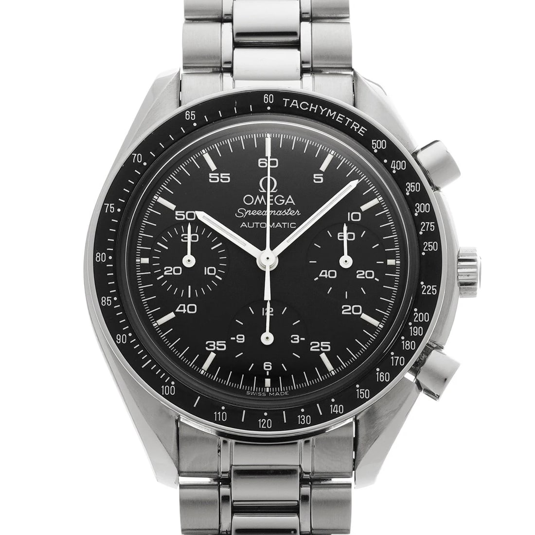 OMEGA SPEEDMASTER BLACK WATCH: OMEGA Speedmaster black WATCH Brand: OMEGA Type: Wristwatch Material: Band Material Stainless steel, Case Material Stainless steel Color: Dial Color black Size: Case H/about 39mm W/about 39mm D/ab