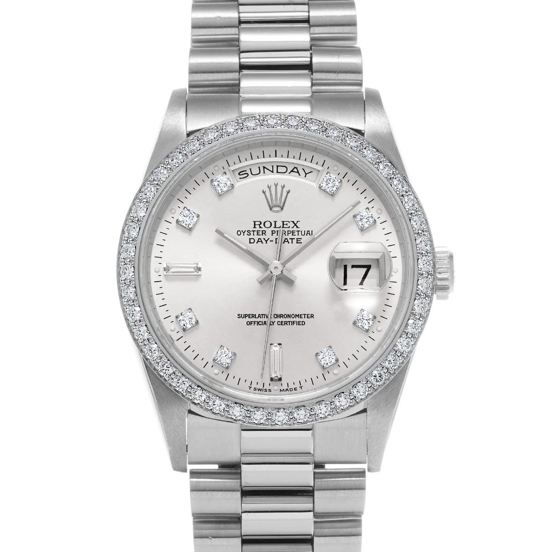 ROLEX SILVER DIAMOND WATCH: ROLEX Silver diamond WATCH Brand: ROLEX Type: Wristwatch Material: Band Material Platinum, Case Material Platinum Color: Dial Color Silver Size: Case H/about 36mm W/about 36mm D/about 12mm lug
