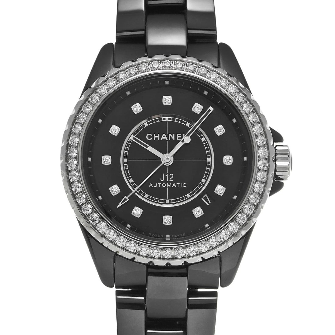 CHANEL J12 CALIBER BLACK LACQUER DIAMOND WATCH: CHANEL J12 Caliber Black lacquer diamond WATCH Brand: CHANEL Type: Wristwatch Material: Band Material ceramic, Case Material ceramic Color: Dial Color Black lacquer Size: Case H/about 38mm