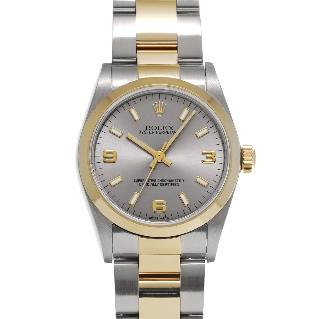ROLEX OYSTER PERPETUAL GRAY WATCH: ROLEX Oyster Perpetual gray WATCH Brand: ROLEX Type: Wristwatch Material: Band Material Stainless steel/Yellow Gold, Case Material Stainless steel Color: Dial Color gray Size: Case H/about 31mm W/