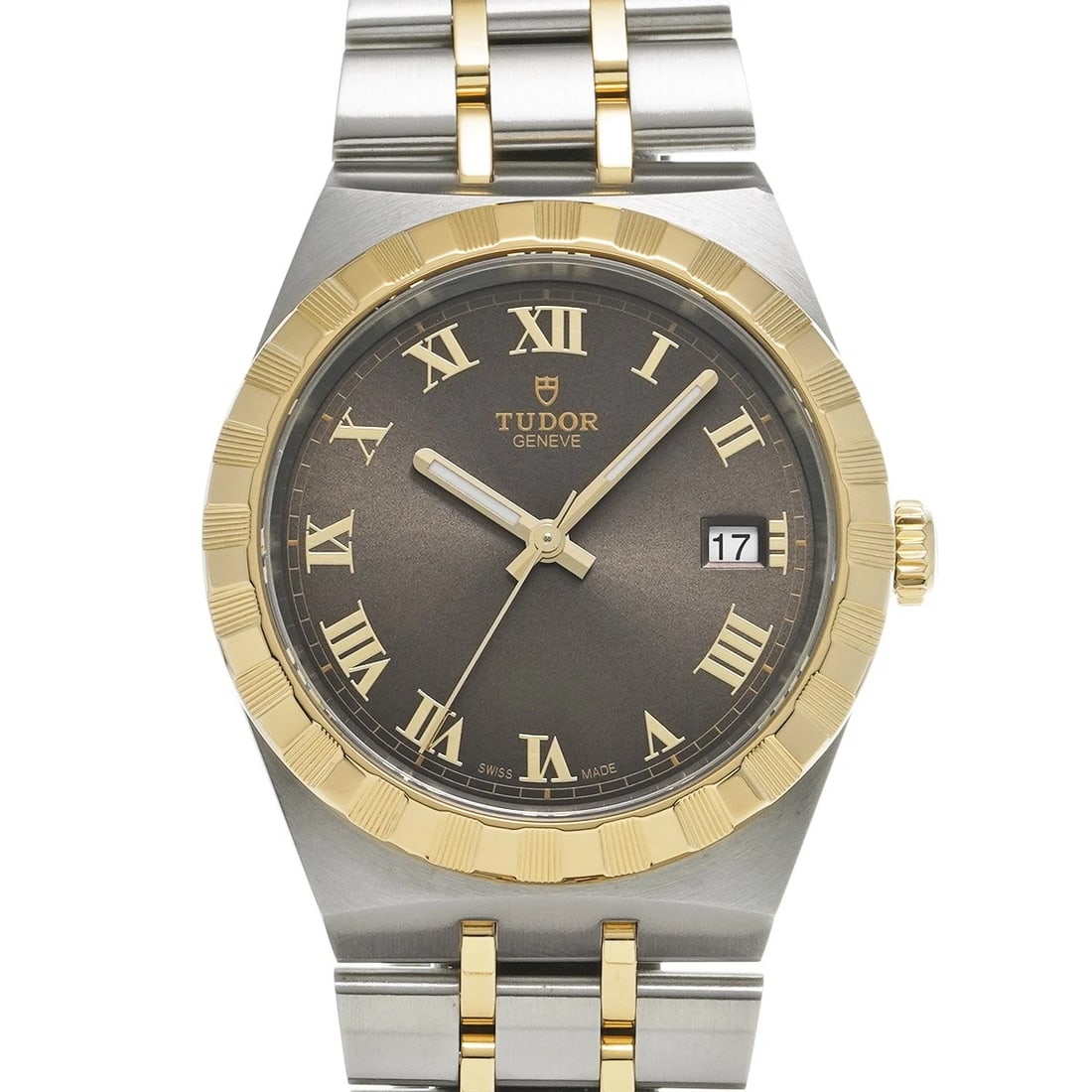TUDOR ROYAL BROWN WATCH: TUDOR Royal Brown WATCH Brand: TUDOR Type: Wristwatch Material: Band Material Stainless steel/Yellow Gold, Case Material Stainless steel Color: Dial Color Brown Size: Case H/about 38mm W/about 38m