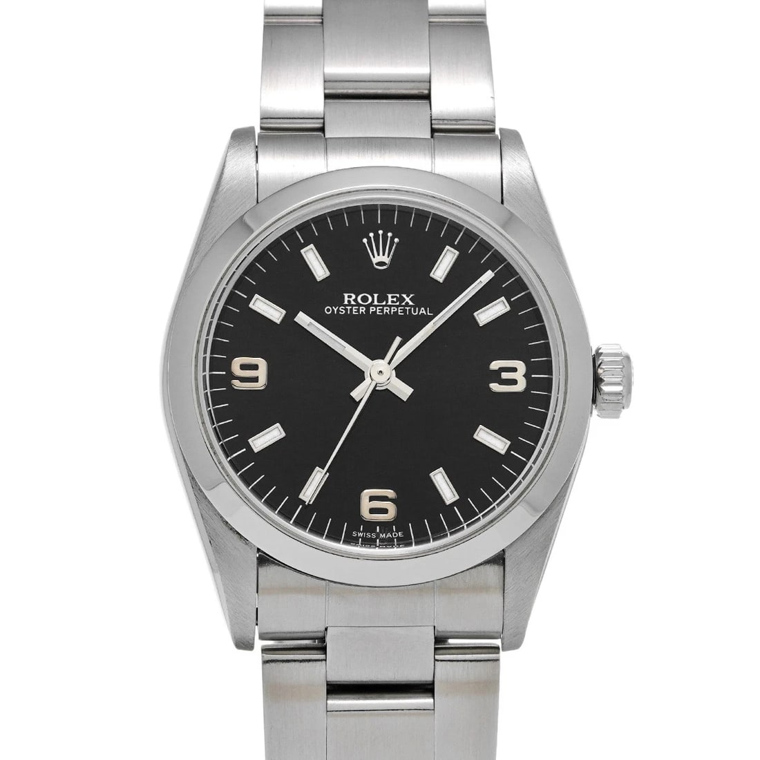 ROLEX OYSTER PERPETUAL BLACK WATCH: ROLEX Oyster Perpetual black WATCH Brand: ROLEX Type: Wristwatch Material: Band Material Stainless steel, Case Material Stainless steel Color: Dial Color black Size: Case H/about 31mm W/about