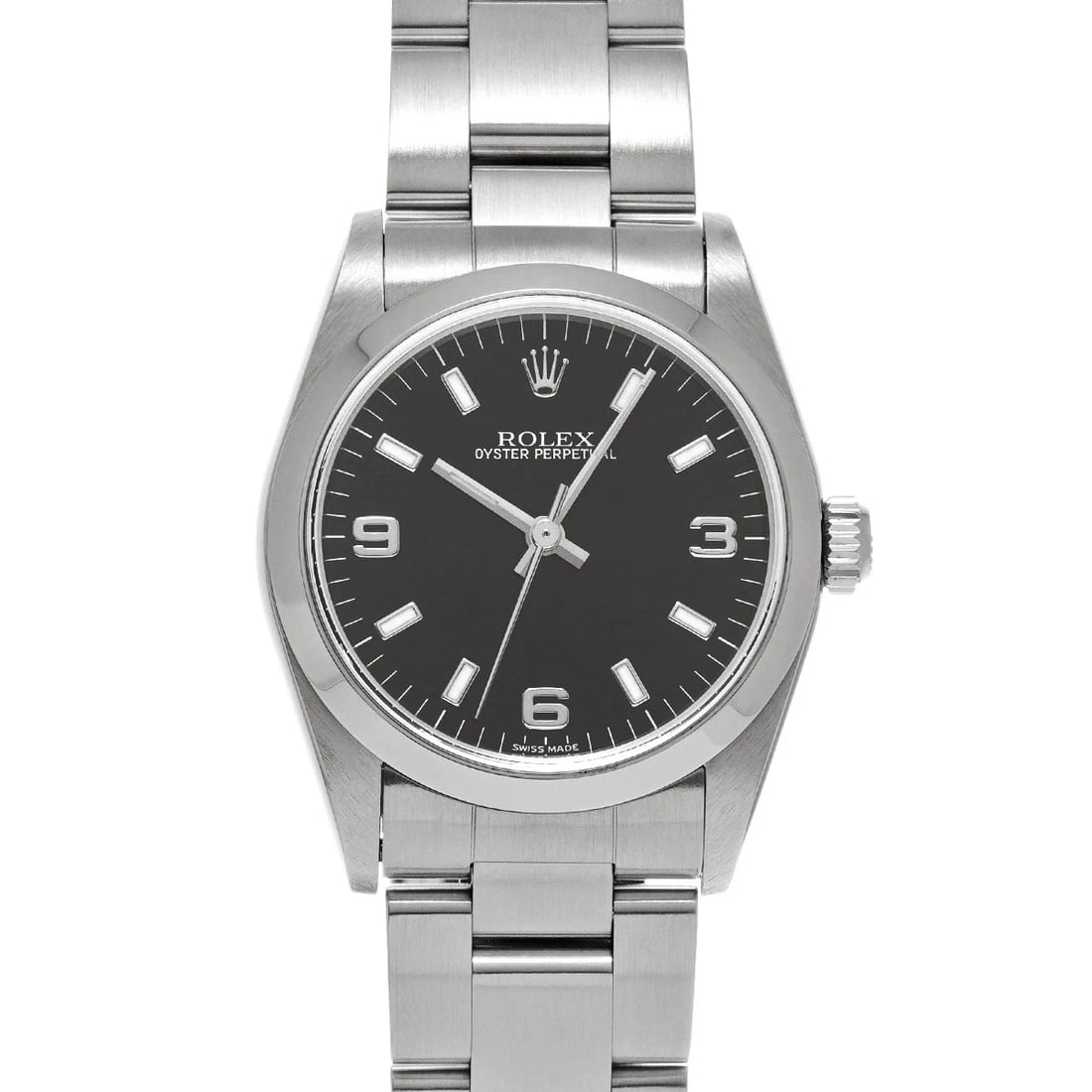 ROLEX OYSTER PERPETUAL BLACK WATCH: ROLEX Oyster Perpetual black WATCH Brand: ROLEX Type: Wristwatch Material: Band Material Stainless steel, Case Material Stainless steel Color: Dial Color black Size: Case H/about 31mm W/about 31mm