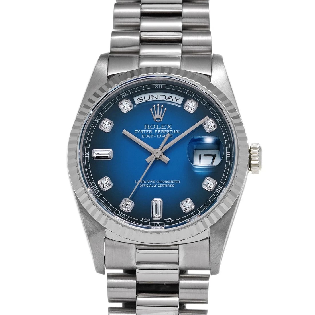 ROLEX DAY DATE BLUE GRADIENT/DIAMOND WATCH: ROLEX Day Date Blue Gradient/diamond WATCH Brand: ROLEX Type: Wristwatch Material: Band Material White gold, Case Material White gold Color: Dial Color Blue Gradient Size: Case H/about 36mm W/abou