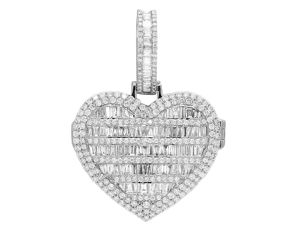 10K WHITE GOLD BAGUETTE REAL DIAMOND HEART MEMORY LOCKET PENDANT: 10k White Gold baguette Real Diamond Heart Memory Locket Pendant Brand: None Type: Necklace Material: Metal White Gold Main Stone Natural Color: White Gold Size: Dimension 2.5" Accessories: None