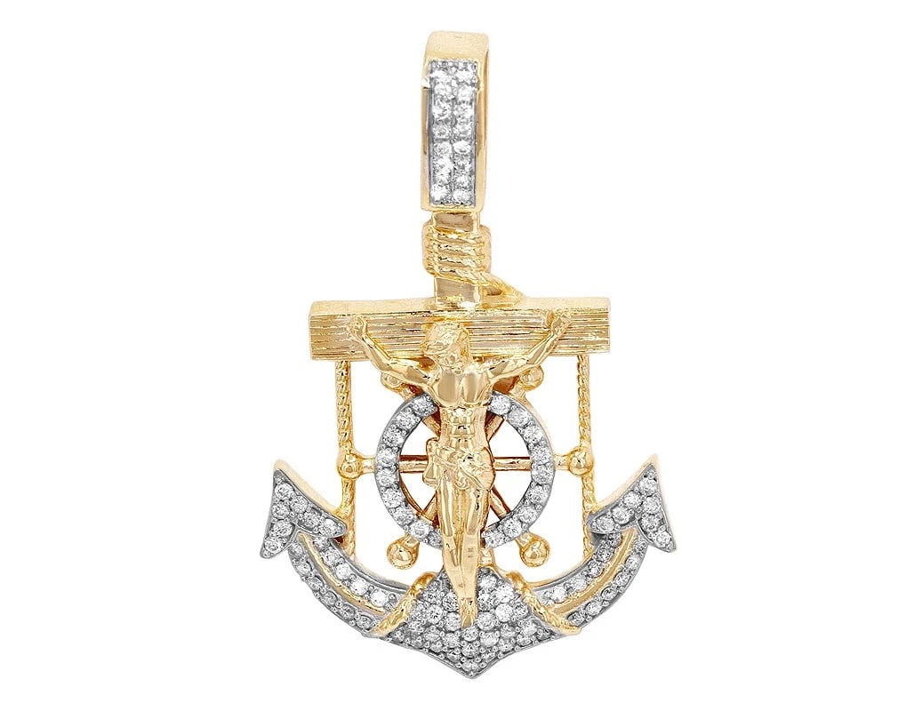 UNISEX REAL DIAMOND ANCHOR JESUS PENDANT: Unisex Real Diamond Anchor Jesus Pendant Brand: None Type: Pendant Material: Metal Yellow Gold Main Stone Natural Color: None Size: Dimension 1.6" x 1" Accessories: None Accessories Notice