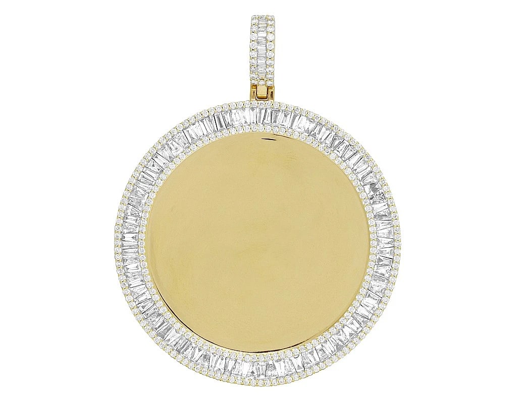 10K YELLOW GOLD BAGUETTE REAL DIAMOND MEMORY PENDANT: 10K Yellow Gold Baguette Real Diamond Memory Pendant Brand: None Type: Necklace Material: Metal Yellow Gold Main Stone Natural Color: None Size: Dimension 2.5" Accessories: None Accessorie