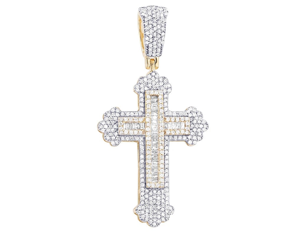 BAGUETTE REAL DIAMOND GOTHIC CROSS PENDANT: Baguette Real Diamond Gothic Cross Pendant Brand: None Type: Pendant Material: Metal Yellow Gold Main Stone Natural Color: Yellow Gold Size: Dimension L 1.6", W 0.8" Accessories: None Acce