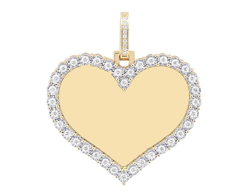 ILLUSION-SET REAL DIAMOND HEART MEMORY PENDANT: Illusion-set Real Diamond Heart Memory Pendant Brand: None Type: Pendant Material: Metal Yellow Gold Main Stone Natural Color: Yellow Size: Dimension L 1.62" , W 37.1mm Accessories: None A
