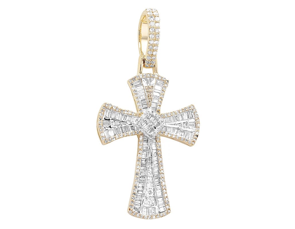 BAGUETTE CLUSTER REAL DIAMOND CROSS PENDANT: Baguette Cluster Real Diamond Cross Pendant Brand: None Type: Pendant Material: Metal Yellow Gold Main Stone Natural Color: Yellow Gold Size: Dimension L 1.7" , W 0.9" , H 0.2" Accessories: None
