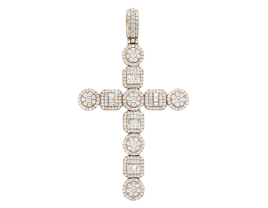 10K ROSE GOLD BAGUETTE AND CLUSTER REAL DIAMOND CROSS PENDANT: 10k Rose Gold Baguette And Cluster Real Diamond Cross Pendant Brand: None Type: Necklace Material: Metal Rose Gold Main Stone Natural Color: Rose Gold Size: Dimension 2.6" Accessories: None