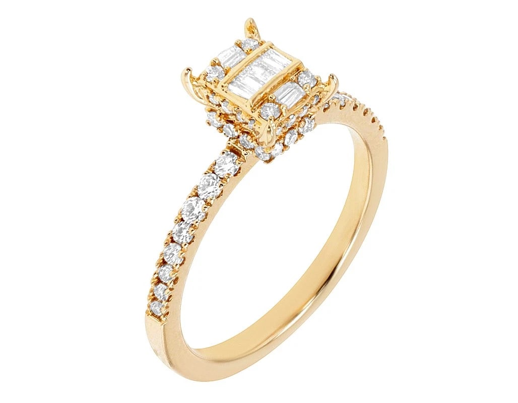 EMERALD CUT BAGUETTE REAL DIAMOND HALO RING: Emerald Cut Baguette Real Diamond Halo Ring Brand: None Type: Ring Material: Metal Yellow Gold Main Stone Natural Color: None Size: 6 US Accessories: None Accessories Notice: When purchasi