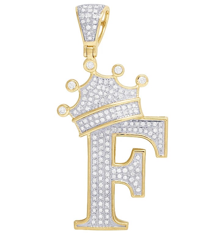 UNISEX 10K YELLOW GOLD REAL DIAMOND TILTED CROWN INITIAL "F" PENDANT: Unisex 10K Yellow Gold Real Diamond Tilted Crown Initial "F" Pendant Brand: None Type: Necklace Material: Metal Yellow Gold Main Stone Natural Color: Yellow Gold Size: Dimension 1.75 Accessories: