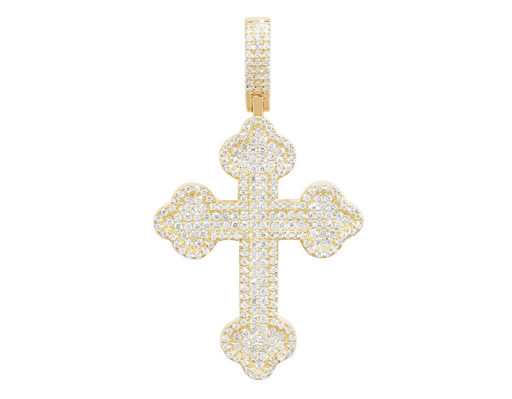 GLOWING CROSS REAL DIAMOND PENDANT: Glowing Cross Real Diamond Pendant Brand: None Type: Necklace Material: Metal Yellow Gold Main Stone Natural Color: Yellow Gold Size: Dimension L 1.7" W 1" H 2.9mm Accessories: None Access