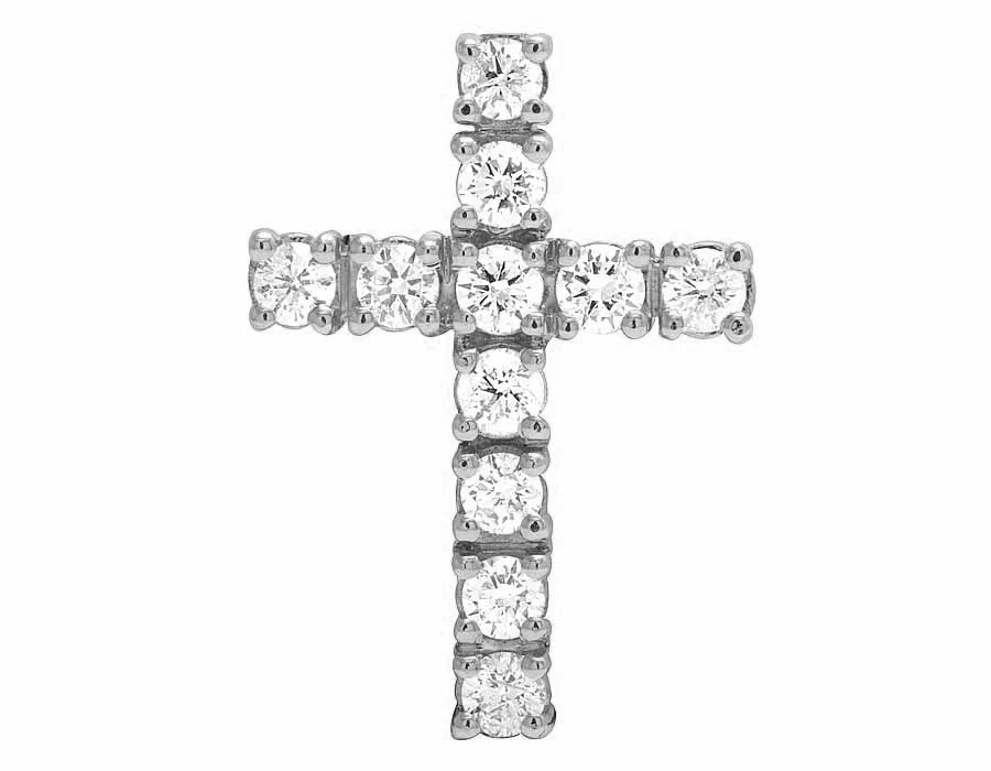 14K WHITE GOLD REAL DIAMOND ONE ROW SOLITAIRE CROSS PENDANT: 14K White Gold Real Diamond One Row Solitaire Cross Pendant Brand: None Type: Necklace Material: Metal White Gold Main Stone Natural Color: White Gold Size: Dimension31MM Accessories: None
