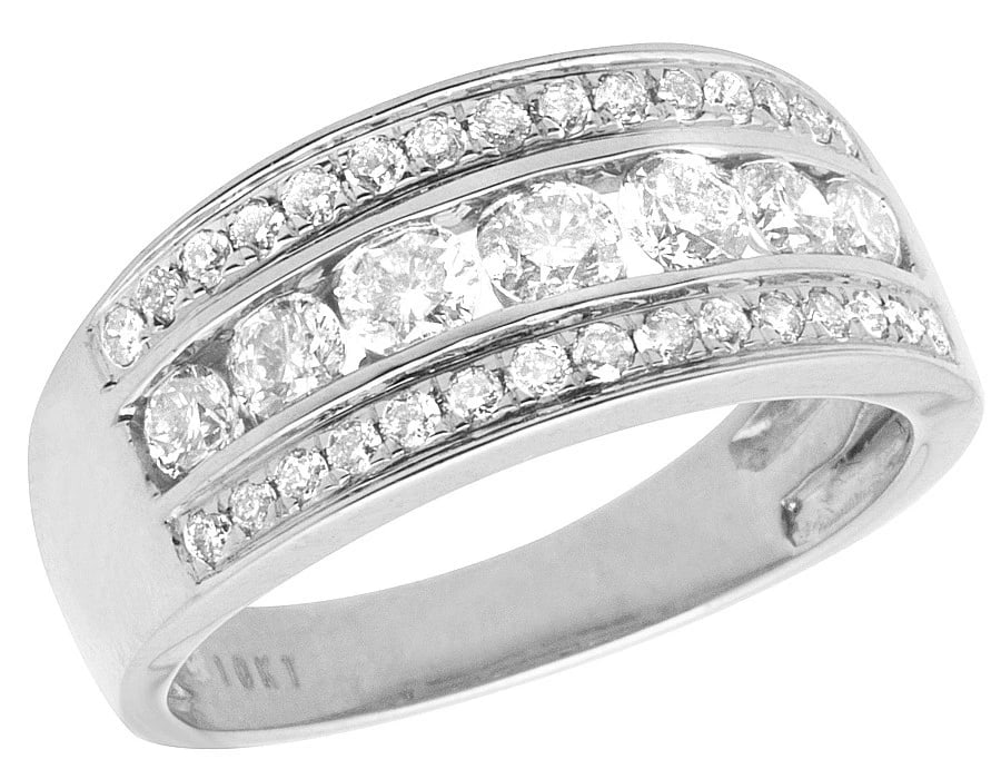 LADIES 10K WHITE GOLD GENUINE DIAMOND CHANNEL ENGAGEMENT RING: Ladies 10K White Gold Genuine Diamond Channel Engagement Ring Brand: None Type: Ring Material: Metal White Gold Main Stone Natural Color: None Size: 7 US Accessories: None Accessories Noti