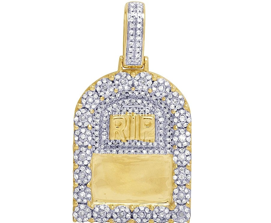 MENS 10K YELLOW GOLD REAL DIAMOND RIP TOMBSTONE CUSTOM PENDANT CHARM: Mens 10K Yellow Gold Real Diamond RIP Tombstone Custom Pendant Charm Brand: None Type: Necklace Material: Metal Yellow Gold Main Stone Natural Color: Yellow Gold Size: Dimension 1.5" Accessories: