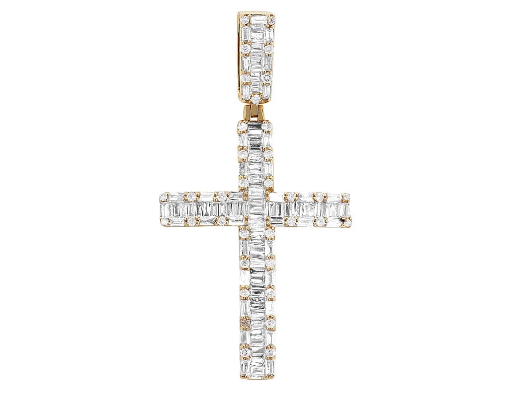 DOMED BAGUETTE REAL DIAMOND CROSS PENDANT: Domed Baguette real Diamond Cross Pendant Brand: None Type: Pendant Material: Metal Yellow Gold Main Stone Natural Color: Yellow Gold Size: Dimension L 1.8" , W 0.9" , H 0.1" Accessories: None