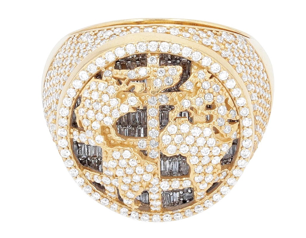 WORLD MAP REAL DIAMOND BAGUETTE PINKY RING: World Map Real Diamond Baguette Pinky Ring Brand: None Type: Ring Material: Metal Yellow-White Gold Main Stone Natural Color: None Size: 10 US Accessories: None Accessories Notice: When pu