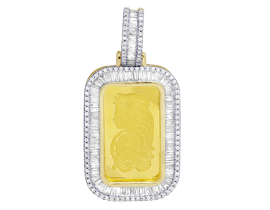 MEN 24K YELLOW GOLD LADY FORTUNA BAR REAL DIAMOND BAGUETTE PENDANT: Men 24K Yellow Gold Lady Fortuna Bar Real Diamond Baguette Pendant Brand: None Type: Necklace Material: Metal Yellow Gold Main Stone Natural Color: Yellow Gold Size: Dimension 1.5" Accessories: N
