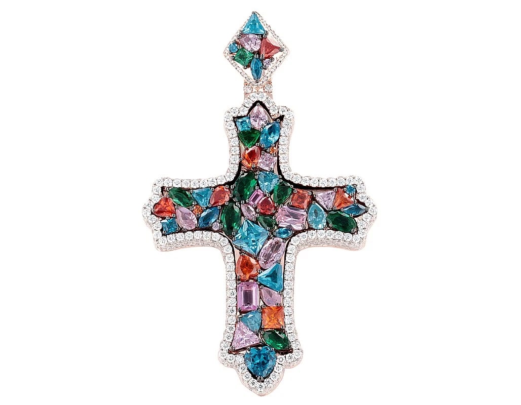 PRISMATIC MULTI-GEM REAL DIAMOND 3D CROSS PENDANT (1 of 2)
