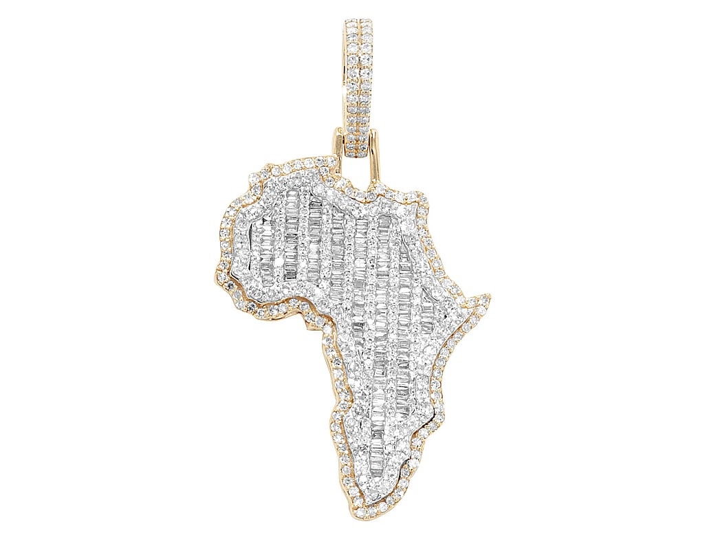 BAGUETTE DIAMOND 'MAP OF AFRICA' PENDANT 10K YELLOW GOLD: Baguette Diamond 'Map of Africa' Pendant 10K Yellow Gold Brand: None Type: Pendant Material: Metal Yellow Gold Main Stone Natural Color: Yellow Gold Size: Dimension L 1.8" , W 1" , H 0.1" Accesso