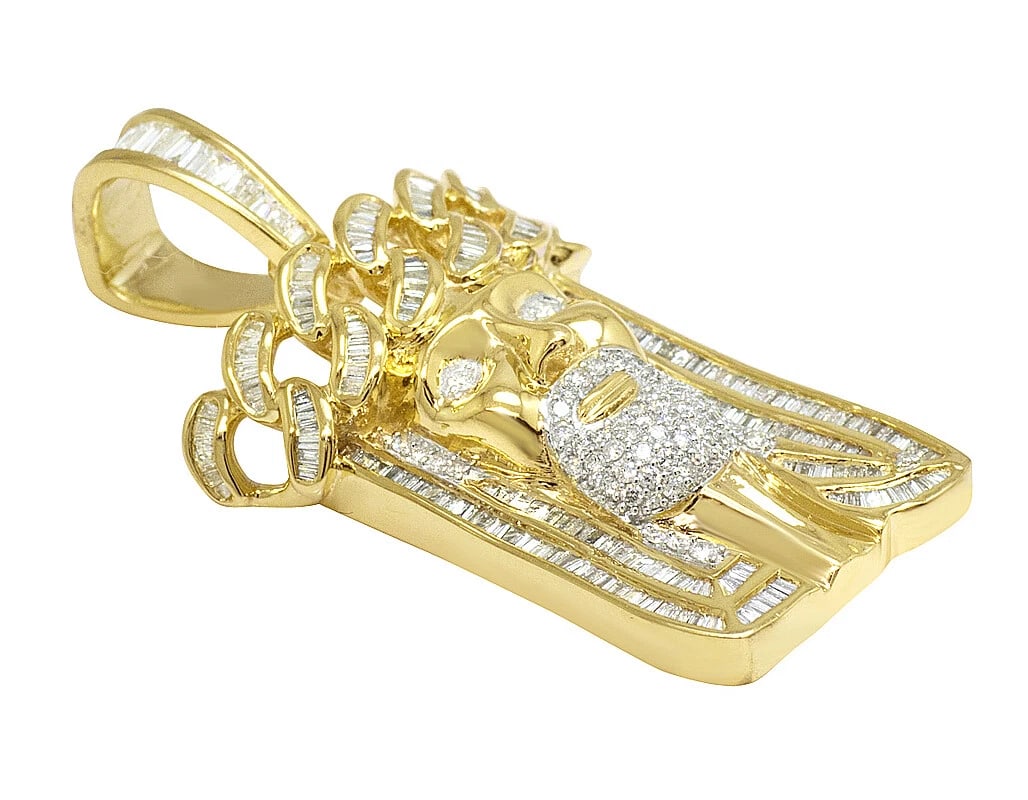 YELLOW 10K GOLD JESUS REAL BAGUETTE DIAMOND PENDANT (1 of 3)