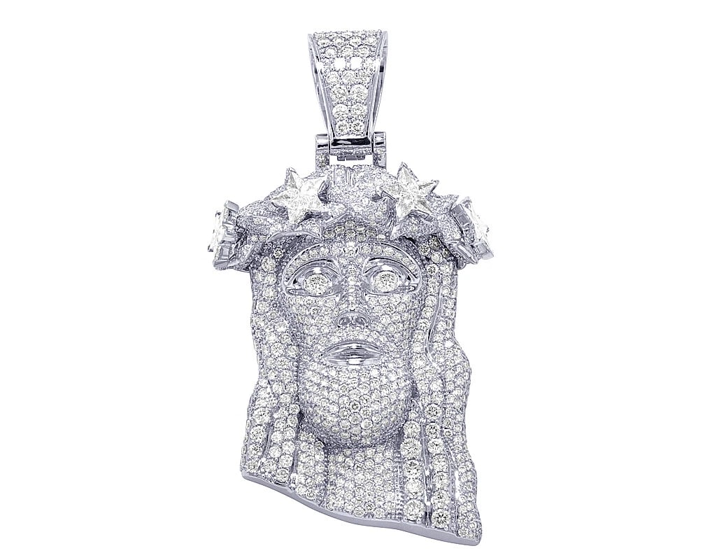JESUS HEAD FLORAL CROWN REAL DIAMOND PENDANT 10K: Jesus Head Floral Crown Real Diamond Pendant 10K Brand: None Type: Pendant Material: Metal White Gold Main Stone Natural Color: White Gold Size: DimensionL 4.2" , W 2.2" Accessories: None