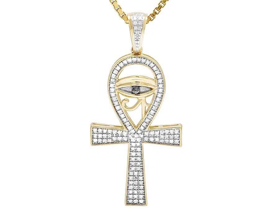 MEN'S 10K YELLOW GOLD GENUINE DIAMOND HORUS EVIL EYE ANKH PENDANT (1 of 6)
