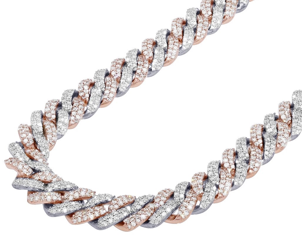 MIAMI CUBAN 10K ROSE-WHITE GOLD DIAMOND CHAIN: Miami Cuban 10K Rose-White Gold Diamond Chain Brand: None Type: Necklace Material: Metal Rose Gold Main Stone Natural Color: Rose Gold Size: Length 18" in Accessories: None Accessories Not
