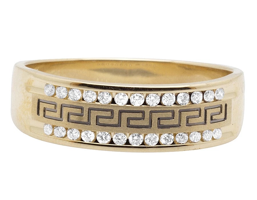 MEN'S 14K YELLOW GOLD GREEK KEY GENUINE DIAMONDS WEDDING BAND RING: Men's 14K Yellow Gold Greek Key Genuine Diamonds Wedding Band Ring Brand: None Type: Ring Material: Metal Yellow Gold Main Stone Natural Color: None Size: 10 US Accessories: None Accessori