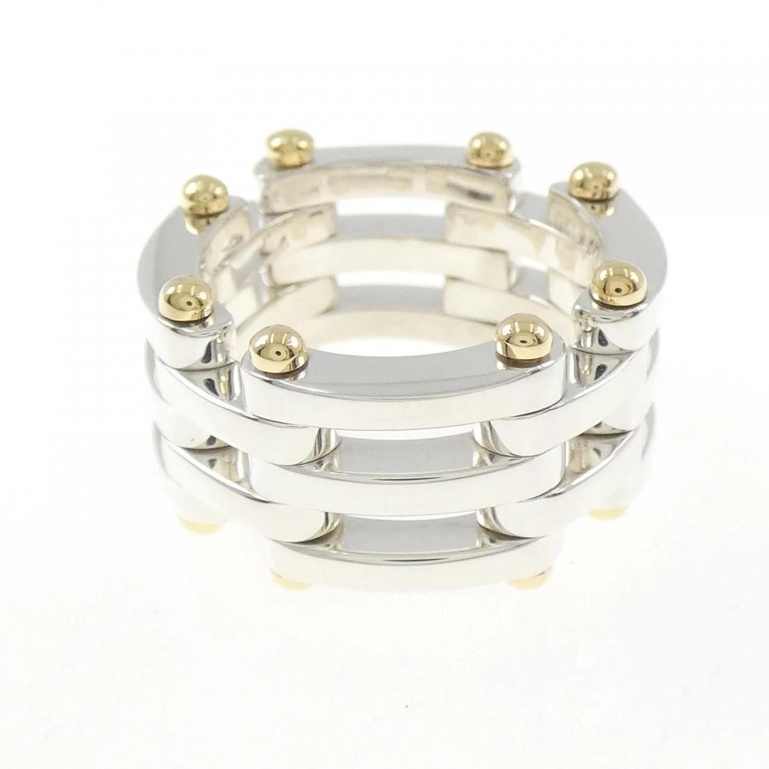 TIFFANY GATE LINK RING: Tiffany Gate link Ring Brand: Tiffany Type: Ring Material: 925 Silver 750 Yellow Gold Color: Silver Yellow Gold Size: 5.5 (US size) Accessories: None Accessories Notice: When purchasing pr