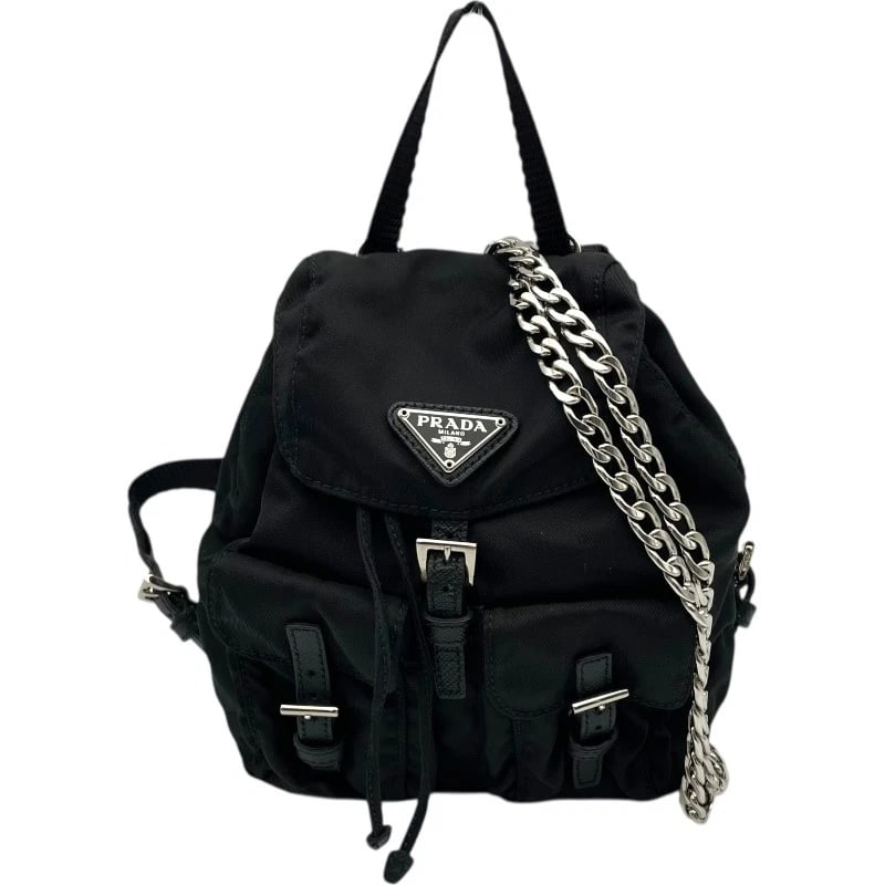 PRADA TRIANGLE LOGO MINI BAG BACK CHAIN SHOULDER BAG: PRADA Triangle Logo Mini Bag Back Chain Shoulder Bag Brand: PRADA Type: Shoulder Bag Material: Leatherx nylon Color: Black SilverHardware Size: W8.3 x H5.7x D3.1inch Shoulder:43.7inch Accessories