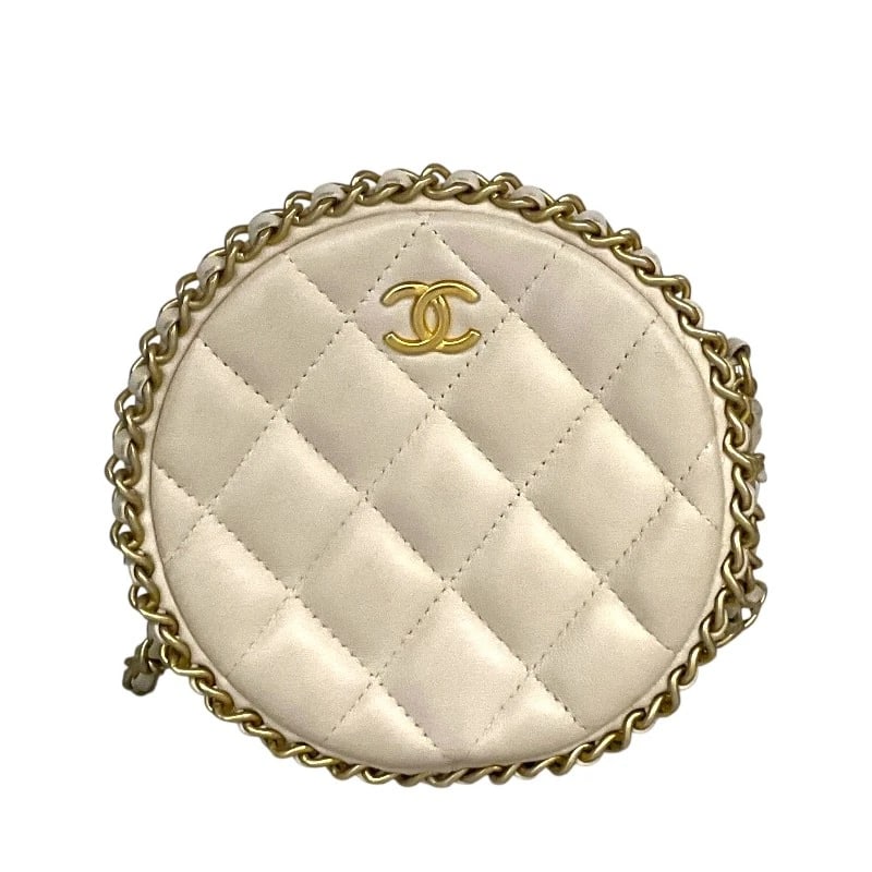 CHANEL MATELASSE ROUND PURSE SHOULDER BAG: CHANEL Matelasse Round Purse Shoulder Bag Brand: CHANEL Type: Shoulder Bag Material: lambskin Color: beige Size: W4.3 x H4.3x D2.2inch Shoulder:51.2inch Accessories: None Accessories Notice: