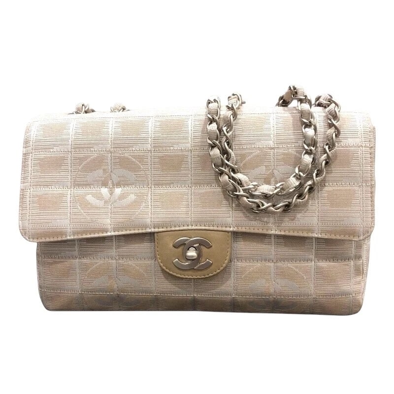 CHANEL NEW TRAVEL LINE FLAP BAG SHOULDER BAG: CHANEL New Travel Line Flap Bag Shoulder Bag Brand: CHANEL Type: Shoulder Bag Material: Nylon jacquard Color: Beige SilverHardware Size: W9.8 x H6.3x D2.4inch Accessories: None Accessories