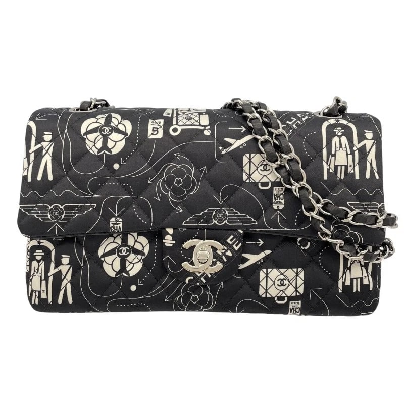CHANEL MATELASSE 25 ICON PRINT SHOULDER BAG: CHANEL Matelasse 25 Icon Print Shoulder Bag Brand: CHANEL Type: Shoulder Bag Material: Satin Color: Black SVHardware Size: W9.8 x H6.3x D2.6inch Accessories: None Accessories Notice: When