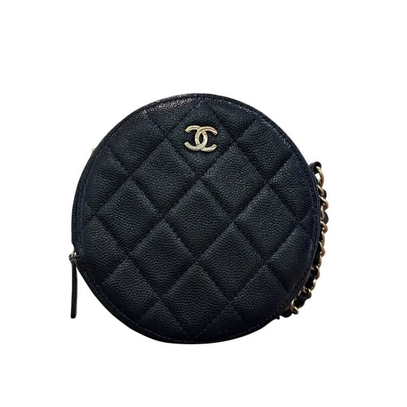 CHANEL MATELASSE ROUND SHOULDER BAG: CHANEL Matelasse Round Shoulder Bag Brand: CHANEL Type: Shoulder Bag Material: Caviar skin Color: Navy x Gold Hardware Size: W4.7 x H4.7x D2.4inch Shoulder:47.2inch Accessories: None Acces