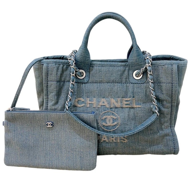 CHANEL DEAUVILLE SMALL 2WAYTOTE BAG SHOULDER BAG: CHANEL Deauville Small 2wayTote Bag Shoulder Bag Brand: CHANEL Type: Shoulder Bag Material: Denim canvas Color: light blue SilverHardware Size: W12.6 x H9.1x D5.9inch Accessories: None Acc