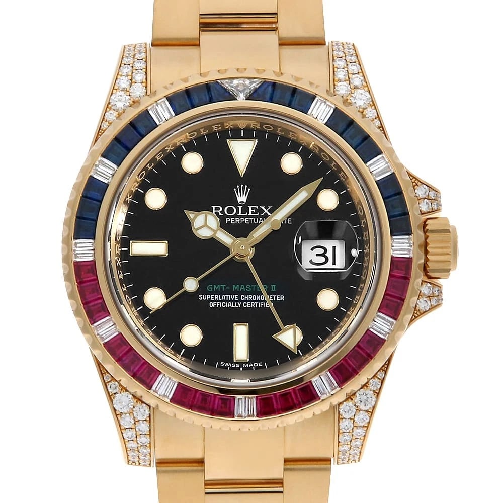 ROLEX GMT MASTER II DIAMOND LUGS WATCH: ROLEX GMT Master II Diamond lugs, Watch Brand: ROLEX Type: Wrist watch Material: Band Material Yellow Gold, Case Material Yellow Gold Color: Dial Color Black Size: Band Size 19cm (7.5inch), Case S